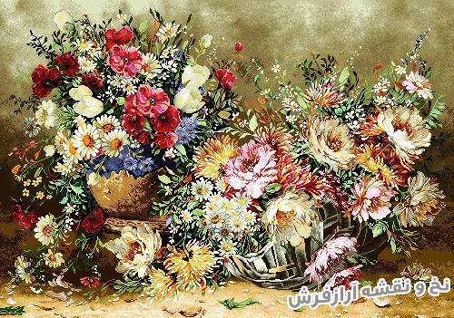 فروش اینترنتی نخ و نقشه تابلو فرش دستباف طرح دو گلدان با گل های زیبا - کد 1033