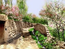 خرید آنلاین و اینترنتی نخ و نقشه تابلو فرش دستباف منظره کوچه باغ بهاری زیبا - کد 2215