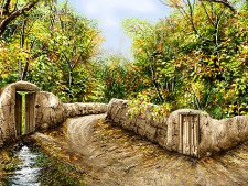 نخ و نقشه و لوازم کامل آماده بافت تابلو فرش طرح منظره کوچه باغ پاییزی و رودخانه - کد 2219