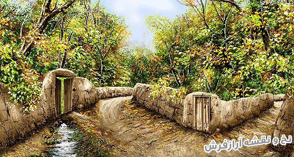 نخ و نقشه و لوازم کامل آماده بافت تابلو فرش طرح منظره کوچه باغ پاییزی و رودخانه - کد 2219