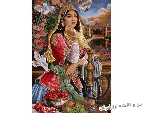 نخ و نقشه و مصالح آماده بافت تابلو فرش طرح دختر ایرانی قاجار - کد 3204