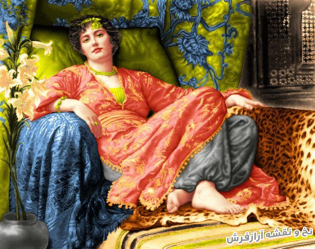 نخ و نقشه و لوازم بافت تابلو فرش طرح دختر ایرانی نشسته روی مبل - کد 3253