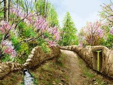 نخ و نقشه و مصالح آماده بافت تابلو فرش طرح منظره کوچه باغ بهاری با شکوفه های زیبا - کد 2330