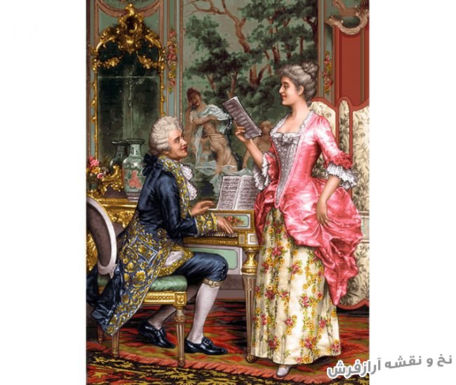 نخ و نقشه آماده بافت تابلو فرش دستباف طرح پیانو زن جدید کد 1828