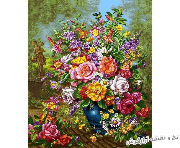 نخ و نقشه و مصالح کامل آماده بافت تابلو فرش طرح گلدان گل رز با رنگبندی زیبا و خوش رنگ کد 1201