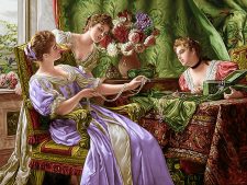 نخ و نقشه و مصالح آماده بافت تابلو فرش دستباف طرح فرانسوی و زیبای سه دختر جواهر فروش کد 1913