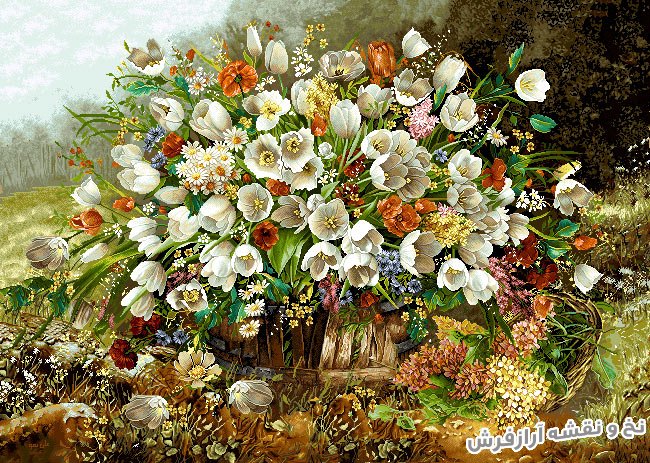 نخ و نقشه تابلو فرش زیبای سبد حصیری گل لاله با رنگهای شفاف کد 1116