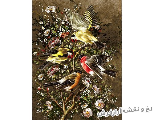 نخ و نقشه بافت تابلو فرش طرح گنجشک و پرنده های زیبا و خوش رنگ کد 1621