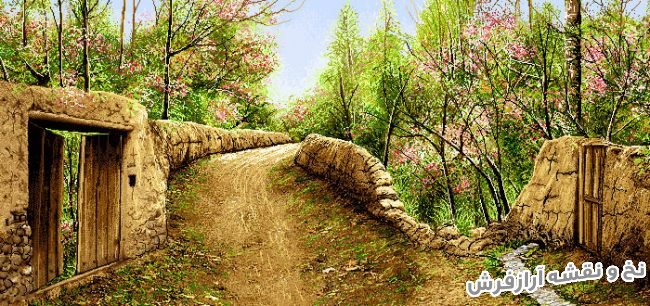 نخ و نقشه و مصالح اماده بافت تابلو فرش طرح منظره کوچه باغ قدیمی بهاری کد 2593