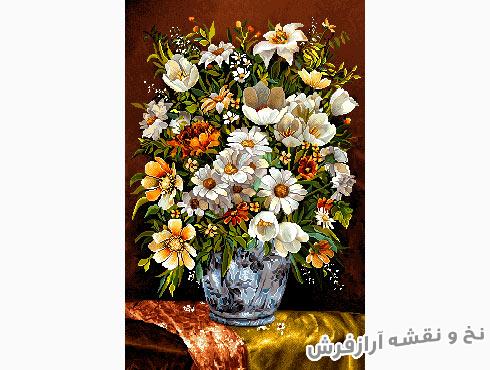 نخ و نقشه تبریز طرح تابلو فرش گل و گلدان گل بابونه زیبا کد 5525