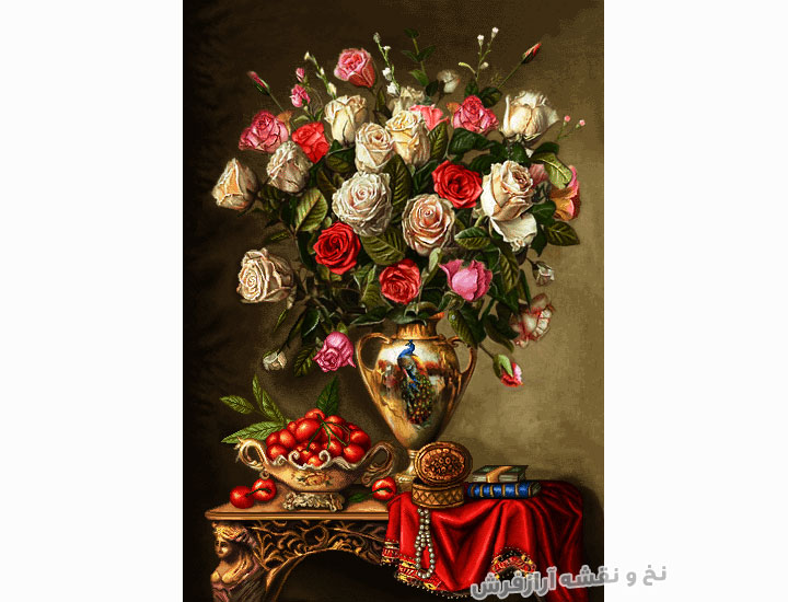 نخ و نقشه تابلو فرش گل رز جدید با گلدان طرح طاووس – 5733