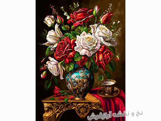 نخ و نقشه تابلو فرش گلدان گل رز زیبا و جدید – سایز کوچک – 5734